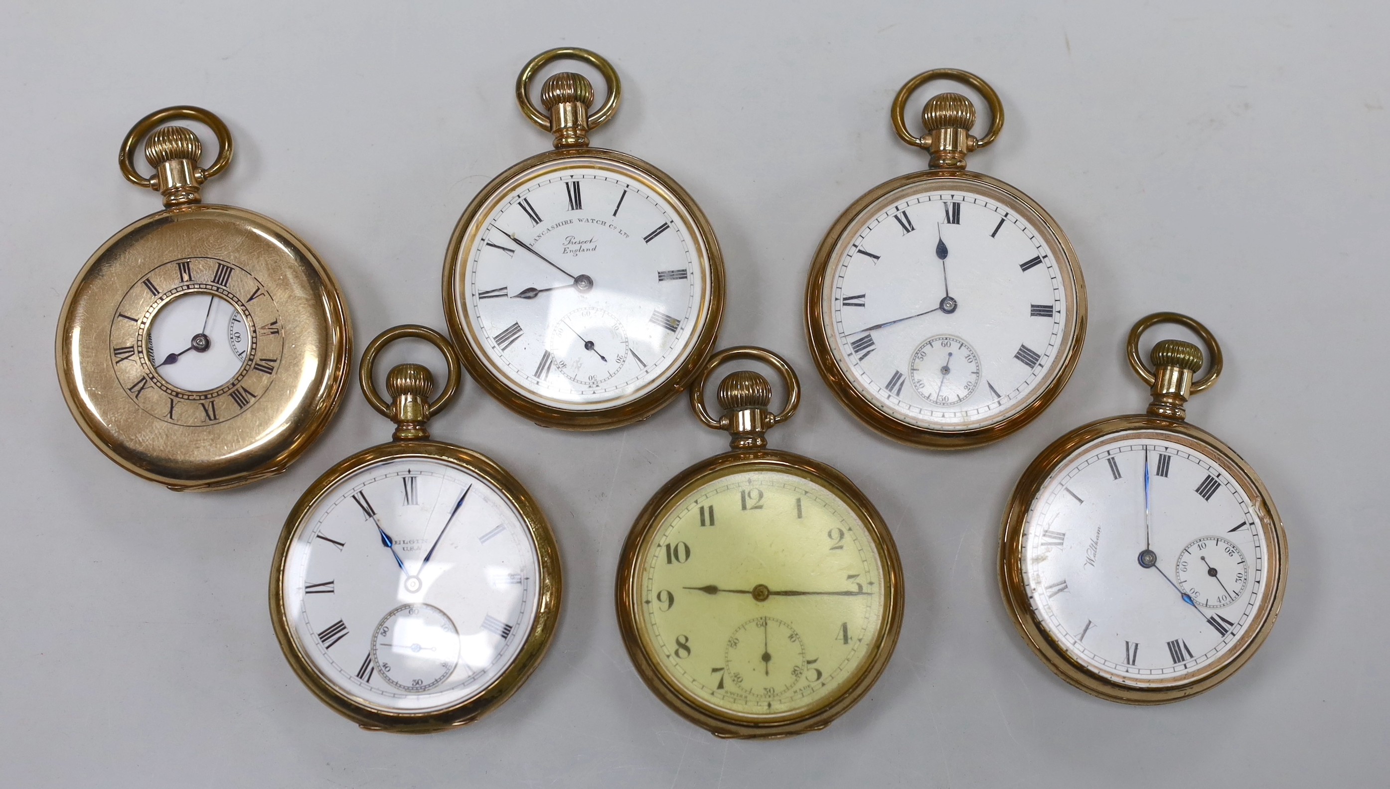 Six assorted mainly early 20th century gold plated open face or half hunter pocket watches including Waltham (2) and Lancashire Watch Co.